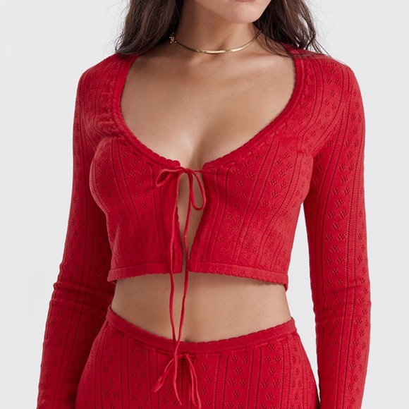 House of CB Perla Cherry Ribbed Knit Tie Front Pointelle Cardigan Red Rose 🤍 - Picture 1 of 13